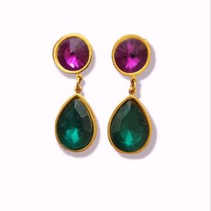 Goldtone Jeweled Statement Drop Earrings Purple Green Crystal Rhinestone Plastic